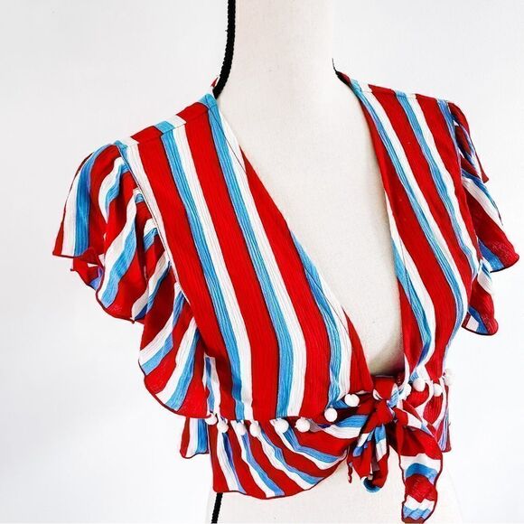 Lovers and Friends Waves For Days Crop Top Ruffle Sleeve Americana Stripe Sz S - Picture 4 of 7